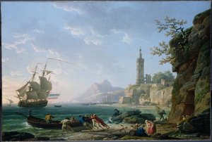 Claude-Joseph Vernet. Paisaje costero en el Mediterráneo. Barco mercante holandés en una bahía.